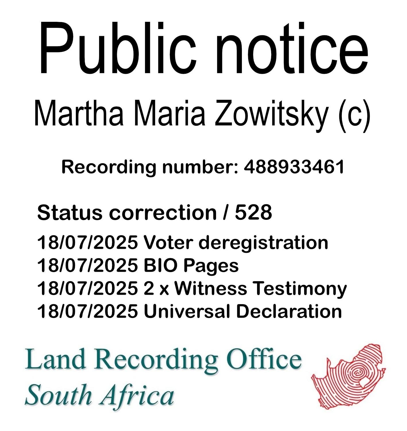 Public notice Martha Maria Zowitsky (c) Recording number 488933461